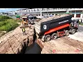 Massive Hyundai Dump Truck Dumping Soil Huge Size Landfill Using Skills Komatsu Dozer Pushing Soil