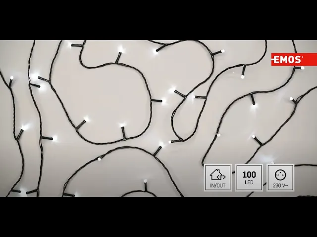 Комплект коледни лампички 100x LED студена светлина 10м IP44 с таймер CONNECT EMOS - D1AC01 на черен фон.