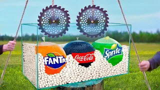 Experiment: Giant Balloons of Coca Cola & Fanta & Sprite VS Mentos VS Saws