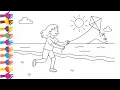 Coloring a Girl Flying a Kite at the Beach Coloring Page for Kids
