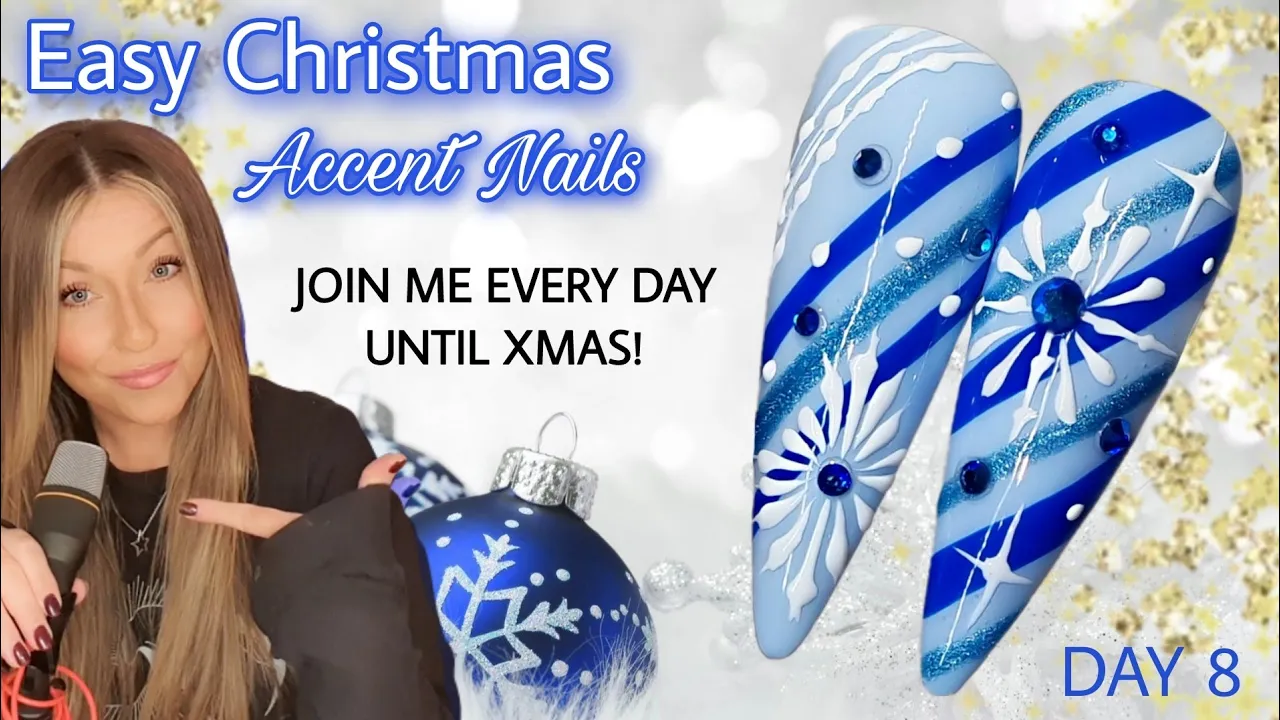 🎁 Easy Christmas Nail Art Design | Blue Candy Cane Stripe | Snowflake Nails | Madam Glam Advent