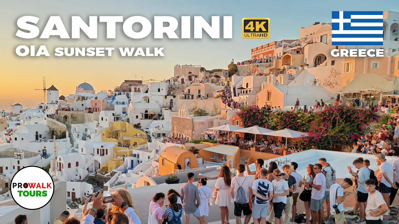 Oia, Santorini Evening Sunset Walk - 4K - with Captions!