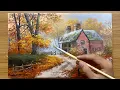 Fall Canvas Painting How To Paint Autumn Cottage in the Forest Acrylic Landscape Tutorial
