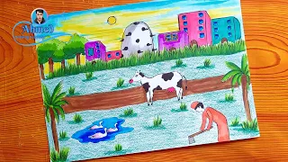 رسم الريف رسم قريه رسم مشهد من حياتنا اليومية رسم حياة الريف رسم منظر ريفي 6 