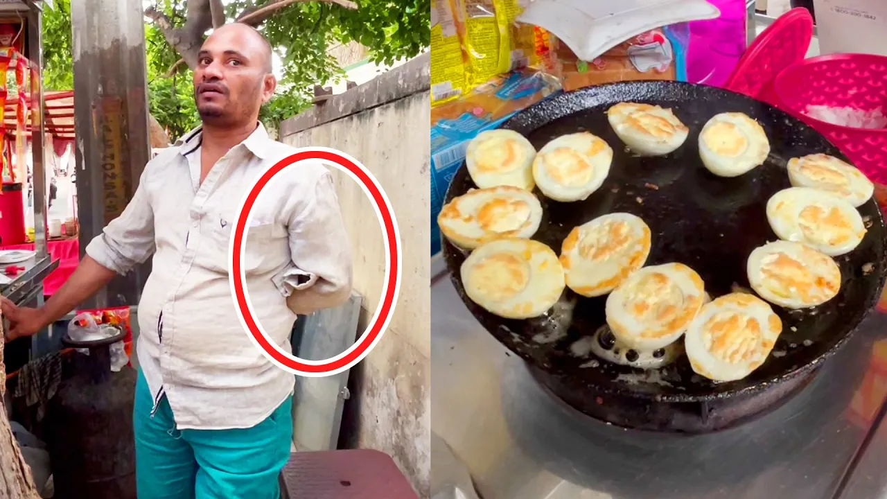 With Out One Hand Selling Boiled Egg Fry   Single Hand Man   Hyderabad   Indian Street Food