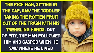 The rich man saw the toddler taking the rotten fruit out of the trash and decided to follow him