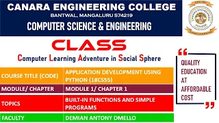 VTU ADP 18CS55 Python Built-in Functions and Simple Programs Basics M1 L3
