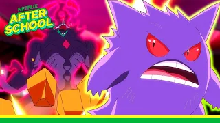 gigantamax gengar vs gigantamax grimmsnarl pok mon ultimate journeys netflix family