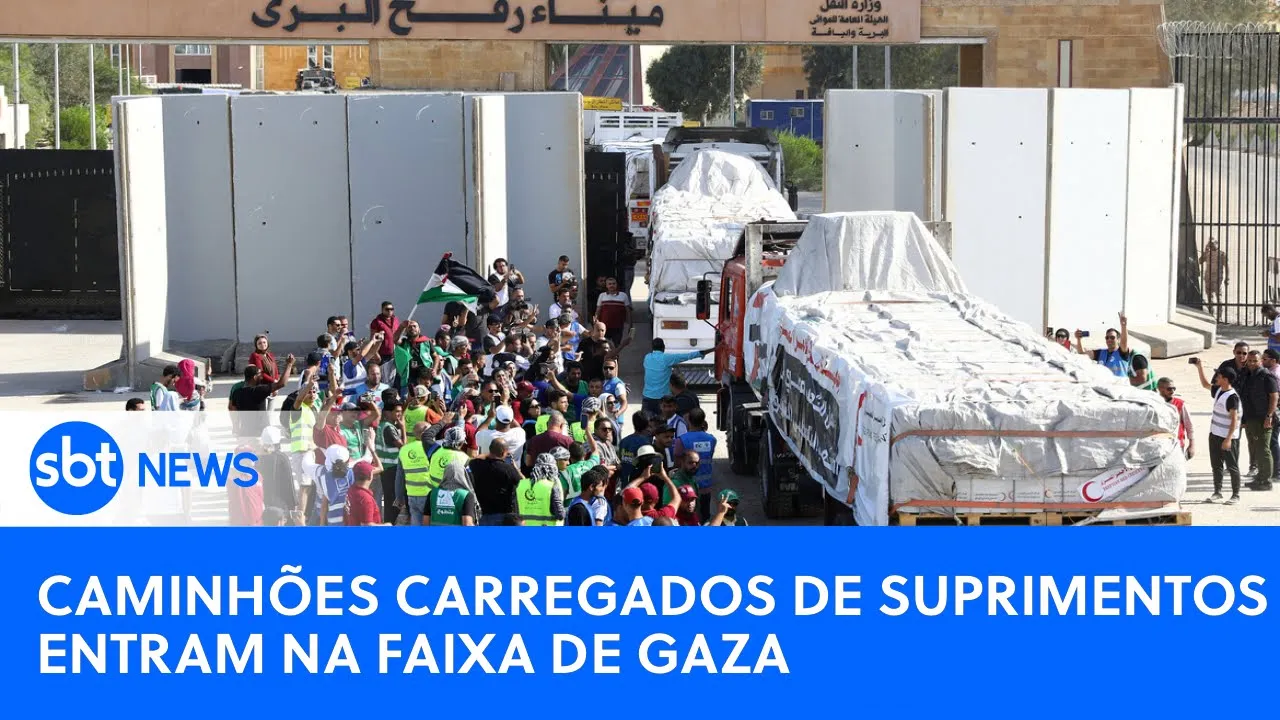 ????SBT News na TV: Caminhões carregados de suprimentos entram na Faixa de Gaza;