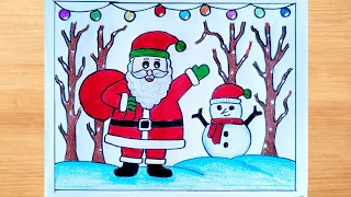 Christmas Drawing|| Santa Claus Drawing|| Christmas Scenery Drawing|| Snowman Drawing