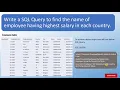 Question7 - SQL QUERY to Find Name Of employee having Highest salary Country Wise