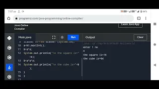 program to calculate find the square and cube of a number in Java programming language