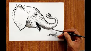 elephant head drawing and ink painting simple art tutorial step by step method animal love