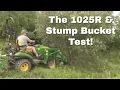 John Deere 1025R and the Cold Roll Industrial Stump Bucket for removing autumn olive