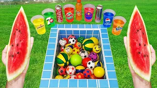 Watermelon VS Football Popular Sodas !!! Coca Cola, Fanta, Pepsi, schweppes And Mentos in the Pool