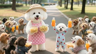 baby puppy and mama dog cook fried noodles for stray dogs roaming the park 