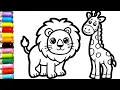 Draw and Color a Cute Lion Giraffe Easy Zoo Animals Coloring Pages for Kids