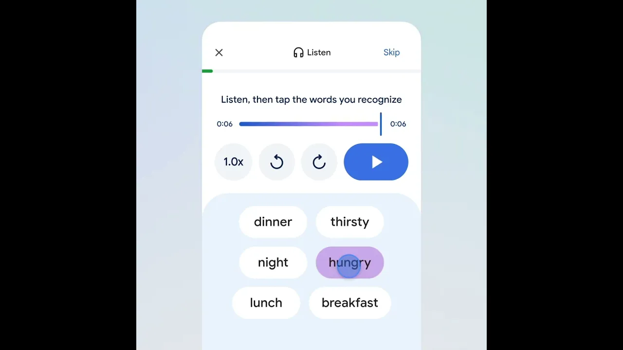 A video shows the Google Translate app’s new language practice feature, which depicts a user adding in their customized language learning goal, selecting their proficiency level, and going through practice scenarios.
