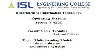 IT Lecture-14 Multithreading Models Thread Libraries Multithreading Issues