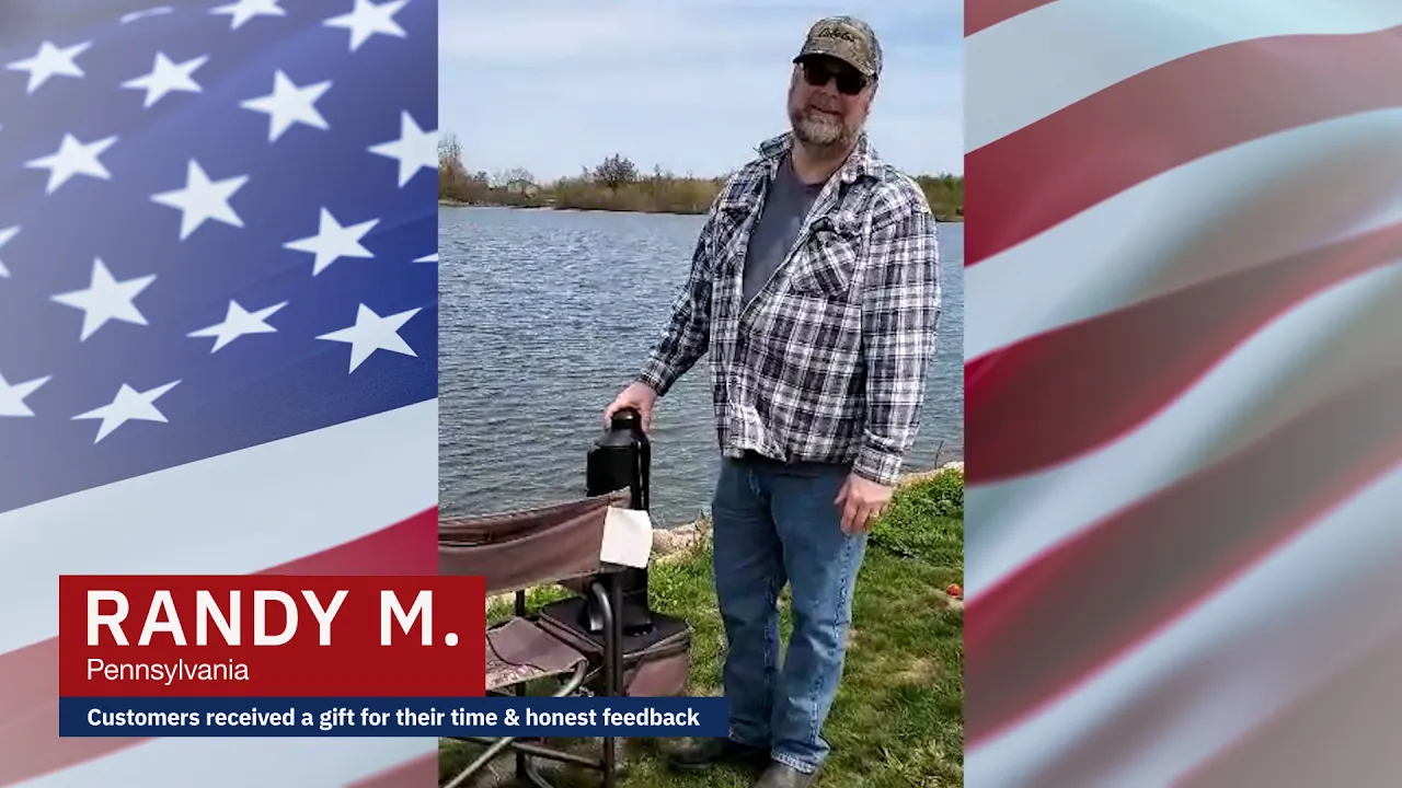 Randy M. from Pennsylvania stands by a lake with his 4Patriots Sun Kettle Solar Water Heater XL, sharing a testimonial about outdoor preparedness and survival supplies.