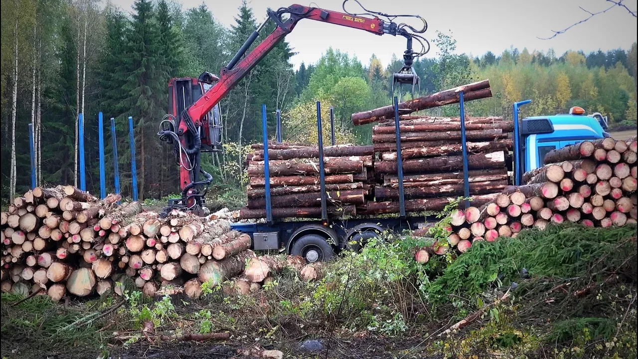 Mercedes-Benz Actros Truck -  loading logs with LOGLIFT crane (full HD version)