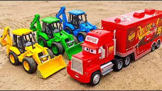 Disney Mack Truck, Backhoe Loaders and Bulldozer Tractors on the Sand | Toy Cars Story