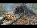 Zoek beschutting tussen omgevallen bomen met een kampvuur. Solo Bushcraft Overleven