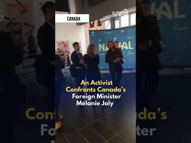 ⁣Yves Engler, a Canadian writer protested Canadian Foreign Minister Melanie Joly at an event.