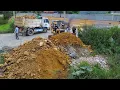 First Start Amazing PROJECT! Small Bulldozer Pushing Stone Soil with Dump Trucks