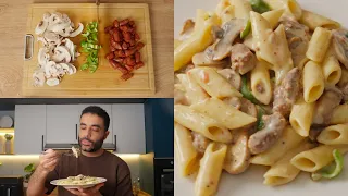 مكرونة وايت صوص بالسجق والمشروم في دقايق