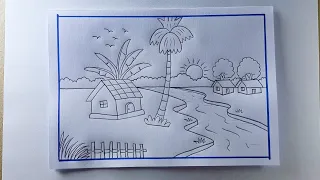 Easy Village Scenery Drawing with River | Simple Pencil Drawing
