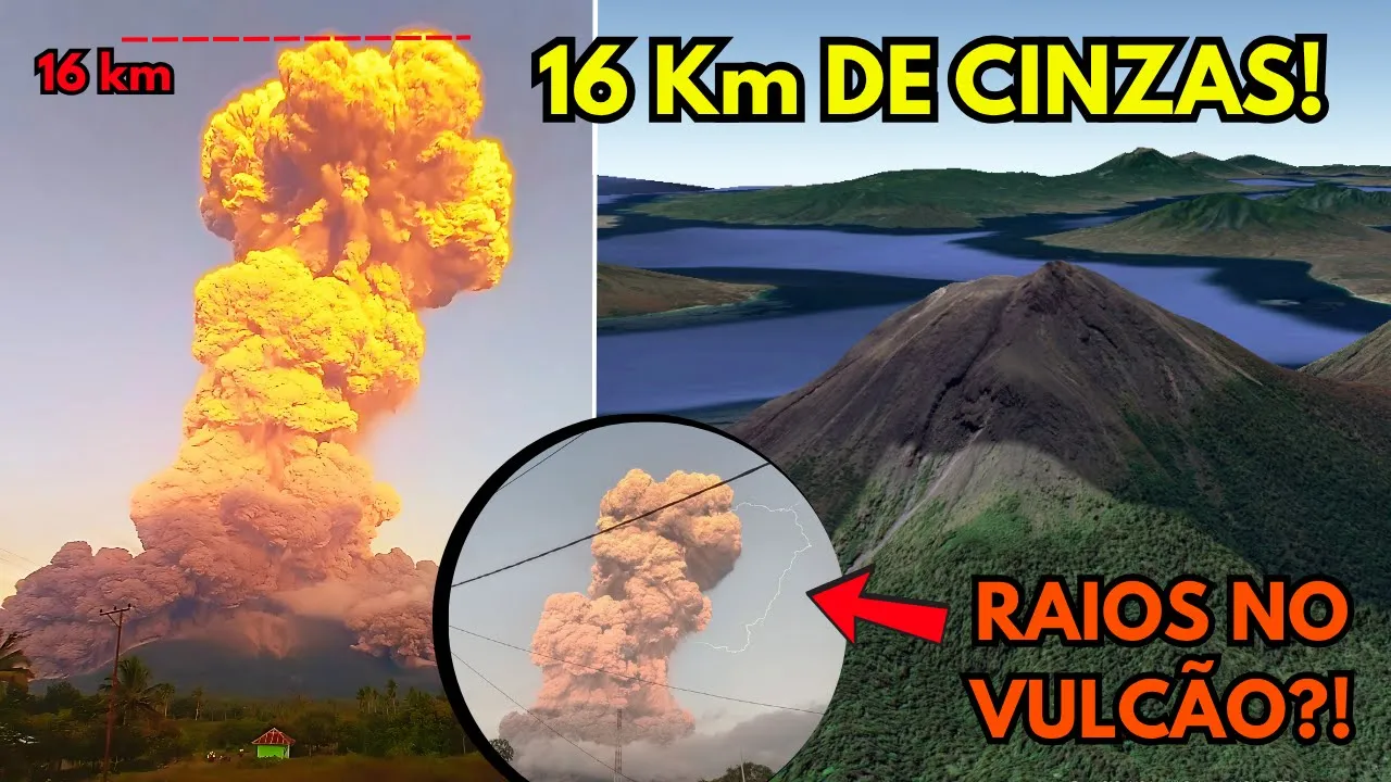 Explosão no Vulcão Lewotobi: Coluna de 16 km, Fluxo Piroclástico e Raio Vulcânico! Análise completa!