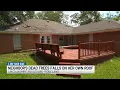 Neighbor s dead tree falls on her own roof while tree leans over the property