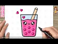 How to Draw a Cute Pink Bubble Tea Glass Easy Kawaii Boba Drawing for Kids and Toddlers
