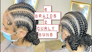 Detailed and Explained Trending 6 stitch feedin braids with 2 curly buns to the back London Tayy