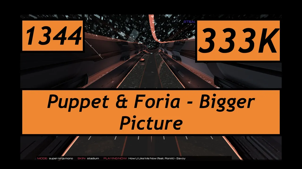 Audiosurf 2 Ep. 1344: Puppet & Foria - Bigger Picture. 333K score. Super Ninja Mono.