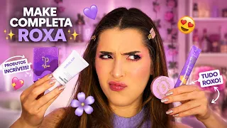 FIZ uma MAKE COMPLETA só com maquiagens de embalagem ROXA! 💜😳
