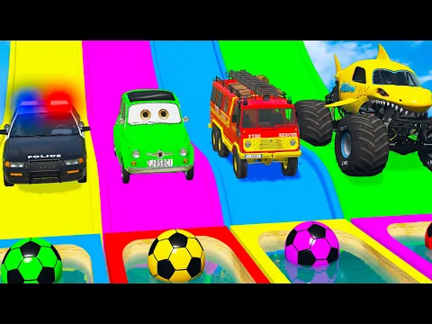 Download MP3 Funny Cars vs Slide Color with Deep Water - Monster Truck Flatbed Trailer Truck Rescue Bus - BeamNG
