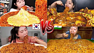KOREAN VS INDIAN EATING TONS OF SPICY NOODLES MUKBANG 