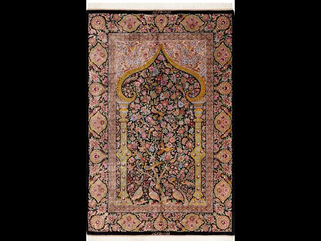 ミルメヒディ工房 ミハラブ文様（祈祷アーチの中の生命の樹）黒×多彩 105×159cm (ID18010)