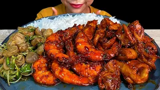 MUKBANG\\SPICY SHRIMP, SPICY SQUID, STIR FRIED BEAN SPROUTS WITH MUSHROOM & WHITE RICE