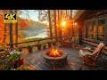 Cozy Autumn Morning Ambience on Porch Cabin Lakeside with Calm Fire Pit Nature Sounds for Relaxing