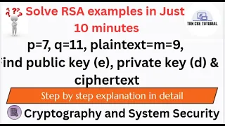 RSA Example Lecture 1 p 7 q 11 plaintext m 9 Find public key e private key d ciphertext