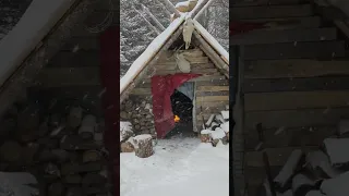 Cozy Fire During Winter Storm In My Bushcraft Shelter 
