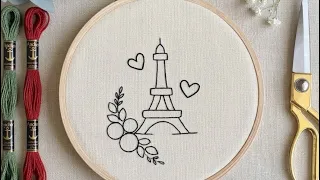 Very Easy❣️Eiffel Tower Hand Embroidery Tutorial For Beginners | 3D Flowers & FREE Pattern Inside !
