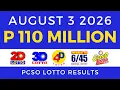 Lotto Result Today 9PM August 3 2026 PCSO
