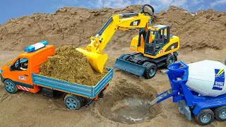 Excavator, Concrete Mixer Truck and Cargo Truck Playing on Sand | Toy Cars Story