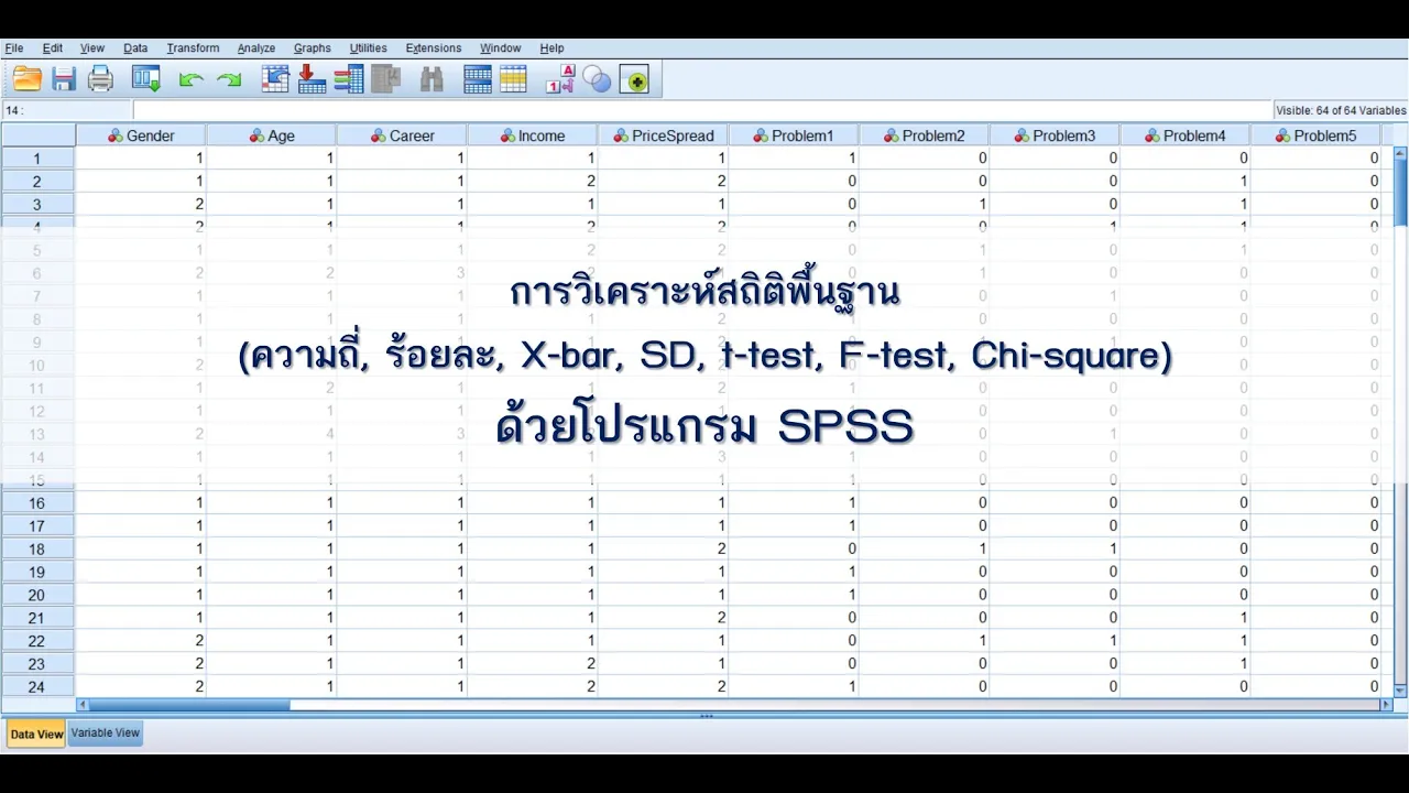 การวิเคราะห์ข้อมูลแบบสอบถามด้วยโปรแกรม SPSS (ความถี่, ร้อยละ, x-bar, SD, t-test, F-test, Chi-square)
