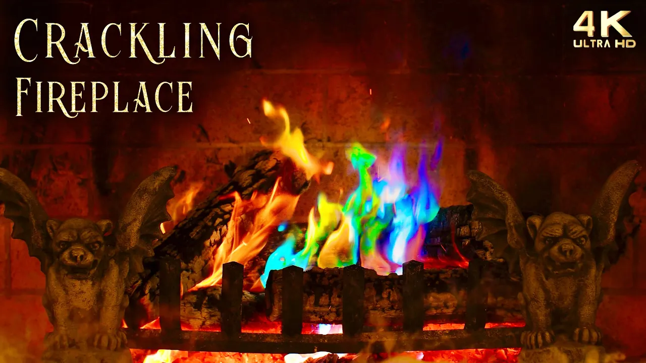 Crackling Halloween Fireplace Ambience ~ Rainbow Flames & Gargoyle Andirons (No Music)