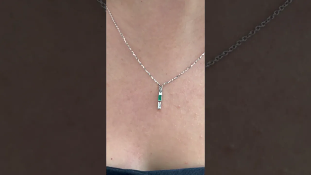 14K Yellow Gold Baguette Emerald And Diamond Vertical Bar Pendant
